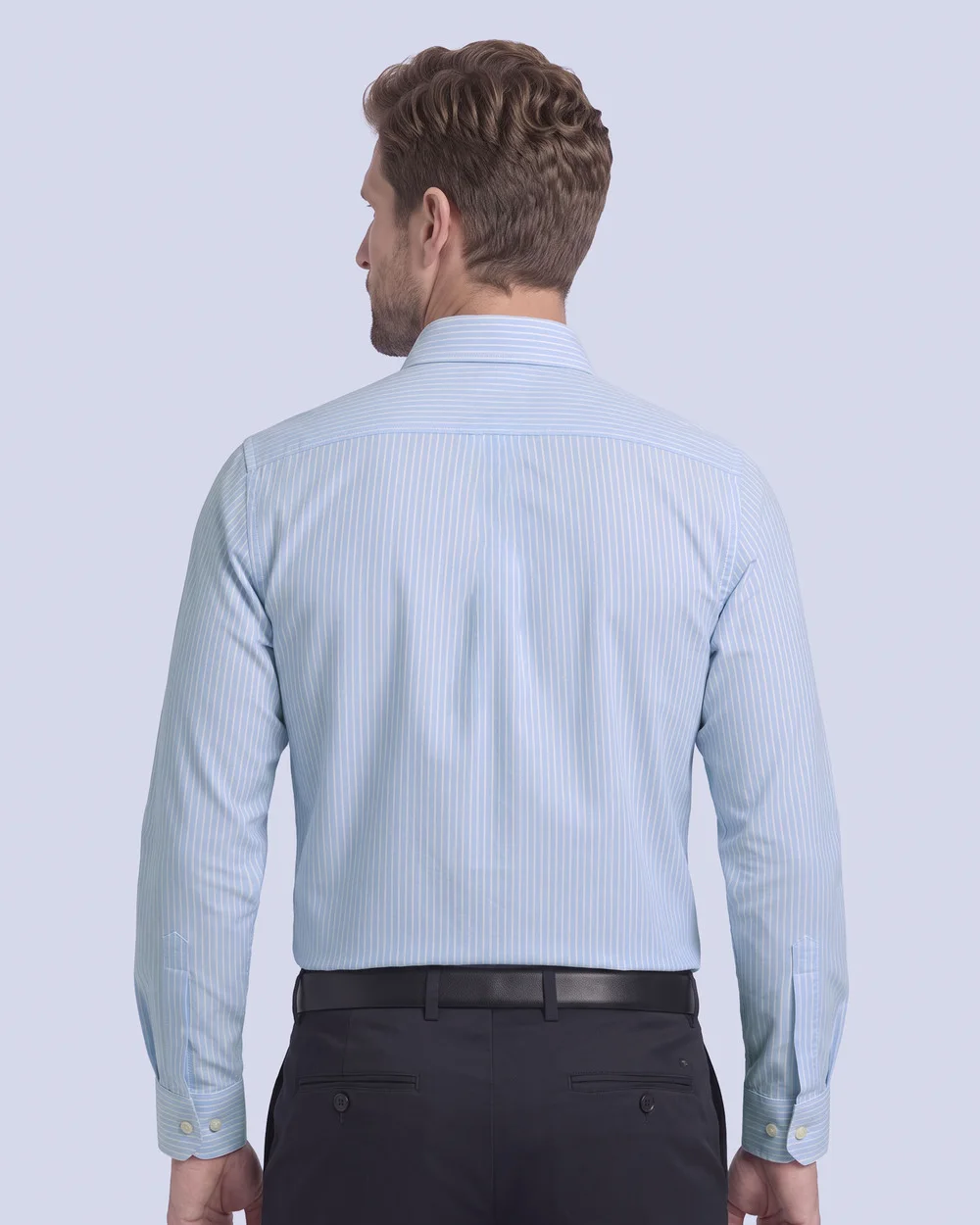 Camisa vestir de rayas blancas slim fit manga larga celeste