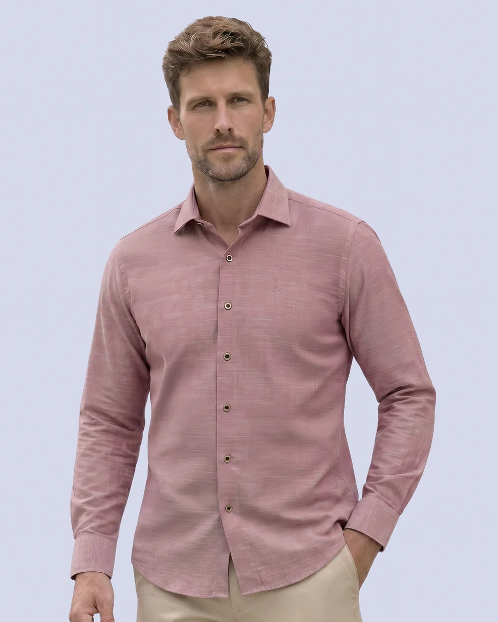 Camisa casual slim fit manga larga lino vino