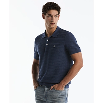Polo suéter de hombre en algodón jacquard pointelle azul