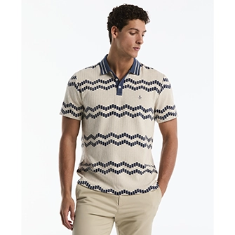 Camisa tipo polo patrón de mosaicos ondulados en jacquard beige