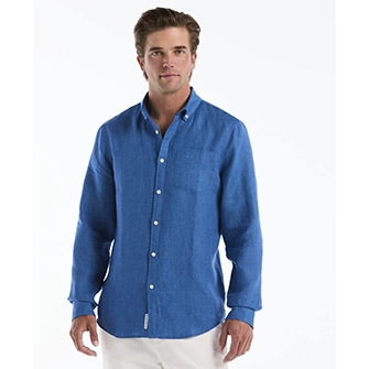 Camisa moda lisa lino manga larga azul